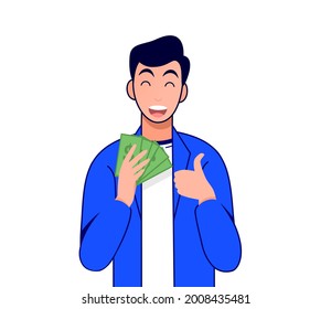 Happy young man trading stocks, cryptocurrency, market get profit,hold cash making thumb up sign, investing concepts, Candlestick graph,internet earning cash study, winning plenty of money, vector 