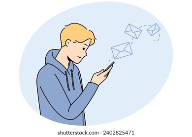 Happy young man use modern cellphone texting online. Smiling guy look at smartphone screen sending email or message on internet. Vector illustration.