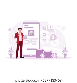 Joven feliz usando el portátil y buscando información usando el servicio de banca por internet. Concepto de banca por Internet. Ilustración plana vectorial moderna de tendencia