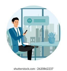 Happy young man using mobile phone app for chatting online and send text message messages.   