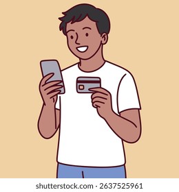 Happy young man using smartphone and holding a credit card to complete a digital transaction, representing mobile payment, e-commerce, or modern fintech activity