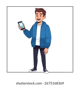 Happy young man using smartphone app, cartoon style illustration, cheerful digital interaction, mobile technology, casual lifestyle, modern communication, relaxed environment, fun app usage.