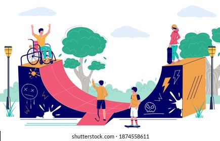 Happy young man using wheelchair in skatepark, flat vector illustration. Skateboarders riding skateboards. Believe in yourself, disabled person active lifestyle.