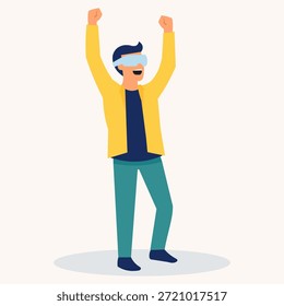 Joven feliz en gafas de realidad virtual disfrutando de la experiencia de juego