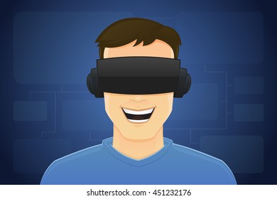 Happy young man with VR glasses. Augmented reality concept vector illustration.