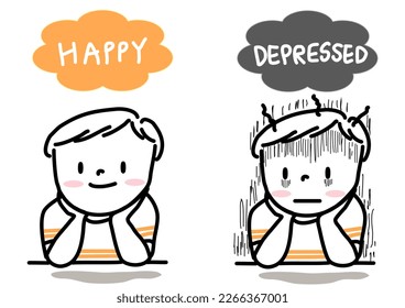 Happy young man vs. Depressed  young man. Concept of people with feeling good vs. feeling bad. Set of man with happy and depressed emotion. Concept of dealing with positive and negative emotion.