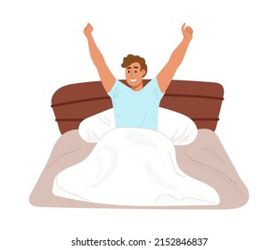 Happy young man waking up in the morning and stretching his arms up. Smiling guy siitting in bed. Color flat vector illustration isolated on white background