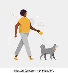 Happy young man walking along with a dog. Pet husky and owner. Afro American male cartoon character. Modern, stylish vector illustration, flat design, isolated. Design concept for poster or card. 