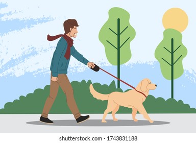 happy young man walking with dog. people with pets. Vector illustration in flat cartoon style. 