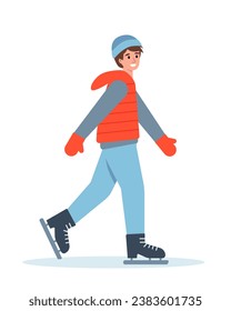 Happy young man in warm clothes skating in winter cold weather. Guy in skates. Healthy active lifestyle and winter leisure activities concept. Vector flat illustration isolated on white background.