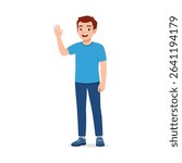 Happy young man waving his hand in a casual pose wearing a blue shirt