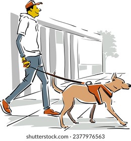 Happy young man whit casual outfit hip hop smilingly walks her very smiling dog on a street on a city side view