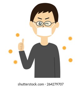 A happy young man winking with a mask and glasses on, allergen flowing in the air, vector illustration