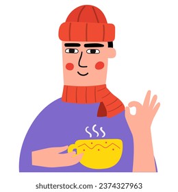 Happy young man in winter hat and scarf. Drinking coffee. Vector design illustration on white background.