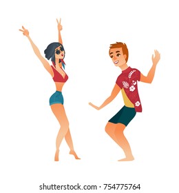 Happy young man and woman, boy and girl dancing at summer beach party, flat cartoon vector illustration isolated on white background. Cartoon style Caucasian people dancing, having fun at beach party