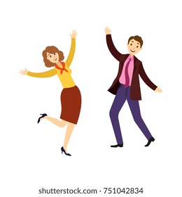 Happy young man and woman, businessman and businesswoman dancing at corporate party in office, flat cartoon vector illustration isolated on white background. Cartoon people dancing at corporate party