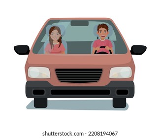 Happy young man and woman in a car on trip front view cartoon illustration design