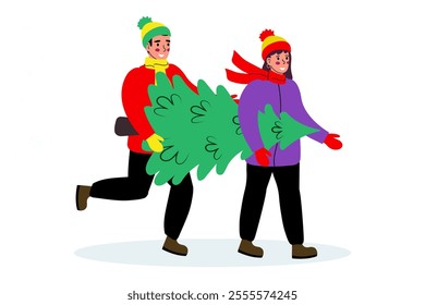 Happy young man and woman carrying a Christmas tree. Vector illustration in flat style on a white background.