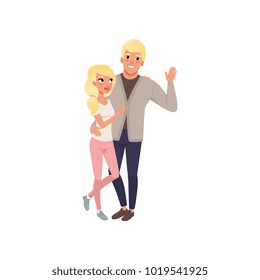 Happy young man and woman in casual clothing embracing, couple in love vector Illustration