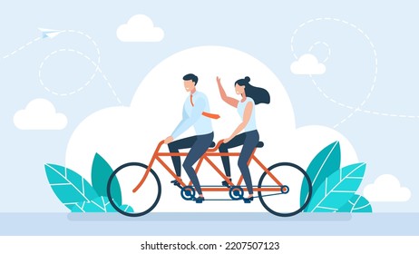 Happy young man and woman characters couple riding tandem bicycle. Couple riding twin bike laughing happily. The concept of cooperation in family. Husband and wife achieve goals. Vector illustration