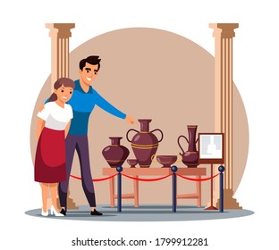 Happy young man and woman family couple visit ancient historic museum. Wife husband enjoy viewing antique pottery clay vase. Historical heritage. Hall with old amphora exhibition and column vector