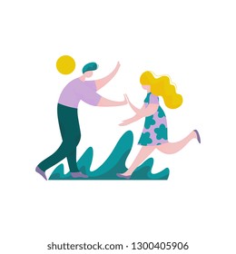 Happy Young Man and Woman Giving High Five to Each Other, Male and Female Characters Having Fun, Human Interaction, Friendship, Teamwork, Cooperation Vector Illustration