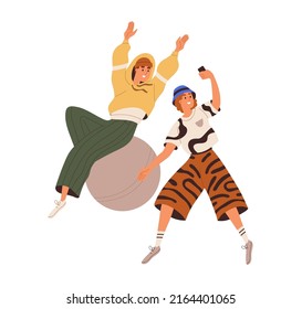 Happy young man and woman having fun, taking selfie photo with phone. Friends fooling, laughing, recording funny video for social media. Flat graphic vector illustration isolated on white background