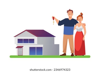 Happy young man and woman holding key to new house flat style, vector illustration isolated on white background. Decorative design element, property purchase, emotional people