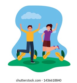 happy young man and woman jumping park vector illustration
