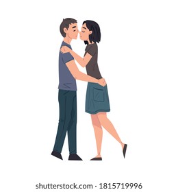 Happy Young Man and Woman in Love Hugging and Kissing, Romantic Loving Couple Cartoon Style Vector Illustration