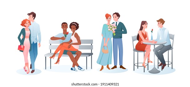 Happy young man woman lovers on dates vector illustration set. Cartoon romantic couple people in different love scenes collection, boyfriend and girlfriend sitting on bench, standing isolated on white