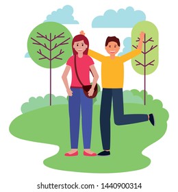 happy young man and woman natural tree meadow outdoors vector illustration