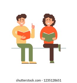 Happy young man and woman reading a book. Vector character for an educational project