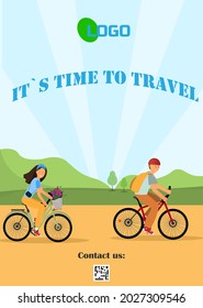 Happy young man and woman riding a bikes at the park, traveling concept, flat vector illustration