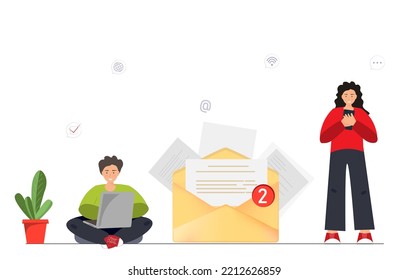 Happy young man and woman sending or receiving e-mail with smartphone, man standing near large envelope, e-mail service, e-mail marketing, communication concept, flat vector illustration