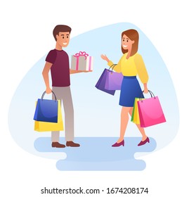 Happy young man and woman with shopping bags