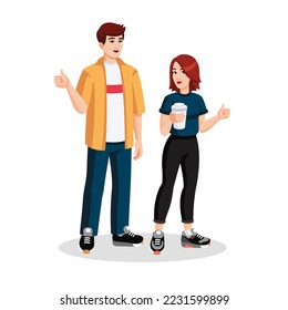 Happy Young Man and woman Showing thumbs up. People show Thumb Up Sign with Fingers. Male and Female Characters with Positive Face Expression. Approval concept. Vector flat illustration cartoon style.