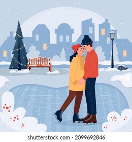 Happy young man and woman skating on ice rink . Cityscape landscape background scene. Winter fun sport activities. Vector Illustration in flat style.