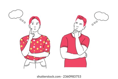 Feliz hombre y mujer pensando y tocando la barbilla mientras miran a un lado. Hombre y mujer inteligentes pensando o resolviendo problemas. Muchacho y niña en peligro rodeado de burbujas de pensamiento. ilustración vectorial 