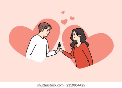 Happy Young Man And Woman Touch Hands Look In Eyes Feel In Love. Smiling Caring Couple Have Close Intimate Bonding Moment. Good Relationships Concept. Flat Vector Illustration. 