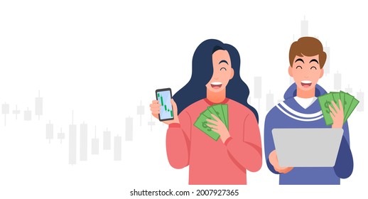 Happy young man and woman trading stocks market,cryptocurrency, get profit,hold smartphone and laptop,investing concepts, Candlestick graph,internet earning cash study,winning plenty of money,vector 