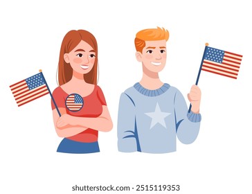 Jovem e mulher feliz usando o botão da campanha e segurando a bandeira nacional dos EUA. Personagens de desenho animado de meio corpo sobre fundo branco. Par de americanos. Conceito eleitoral. Ilustração vetorial.