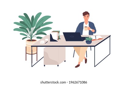 Happy young man working with laptop at desk, holding cup of coffee. Office worker at modern workplace with plants. Colored flat vector illustration of positive employee isolated on white background