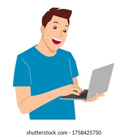 Happy young man working on laptop. Freelance work concept. Young man working from home. Vector flat illustration
