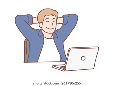 Happy young man working on laptop while sitting at his working place in office. Satisfied with work. Hand drawn style vector design illustrations.