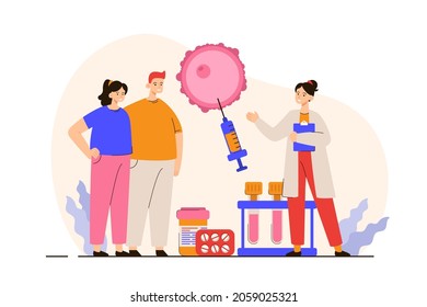 Happy young married couple discussing IVF with a doctor. Pregnancy, family and parenthood concept. IVF and infertility treatment. Modern flat vector illustration