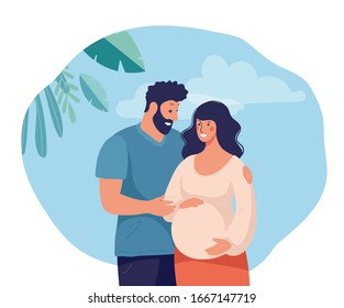 Happy young married couple expecting a baby. A pregnant woman with a partner or husband. The concept of pregnancy, family, motherhood, parenthood. Flat cartoon vector illustration