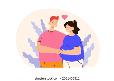 Happy young married couple expecting a baby. Future mother and father standing together. Pregnancy, family and parenthood concept. Modern flat vector illustration