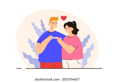 Happy young married couple holding positive pregnancy test. Future mother and father standing together. Pregnancy, family and parenthood concept. Modern flat vector illustration