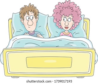 Happy young married couple lying in bed and looking at each other with a slight smile, vector cartoon illustration on a white background